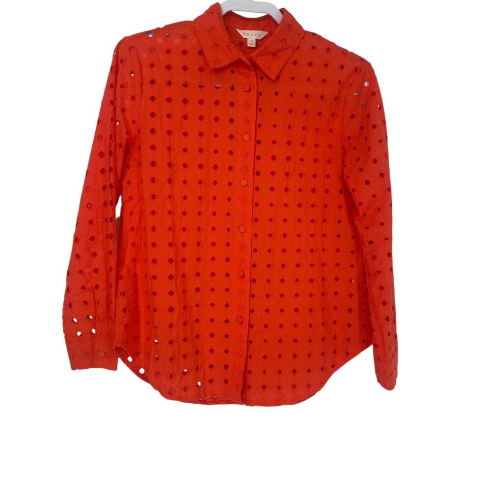 Adiva Women Eyelet Button Down Blouse Small Orange Embroidered Cutout Summer - Picture 2 of 8